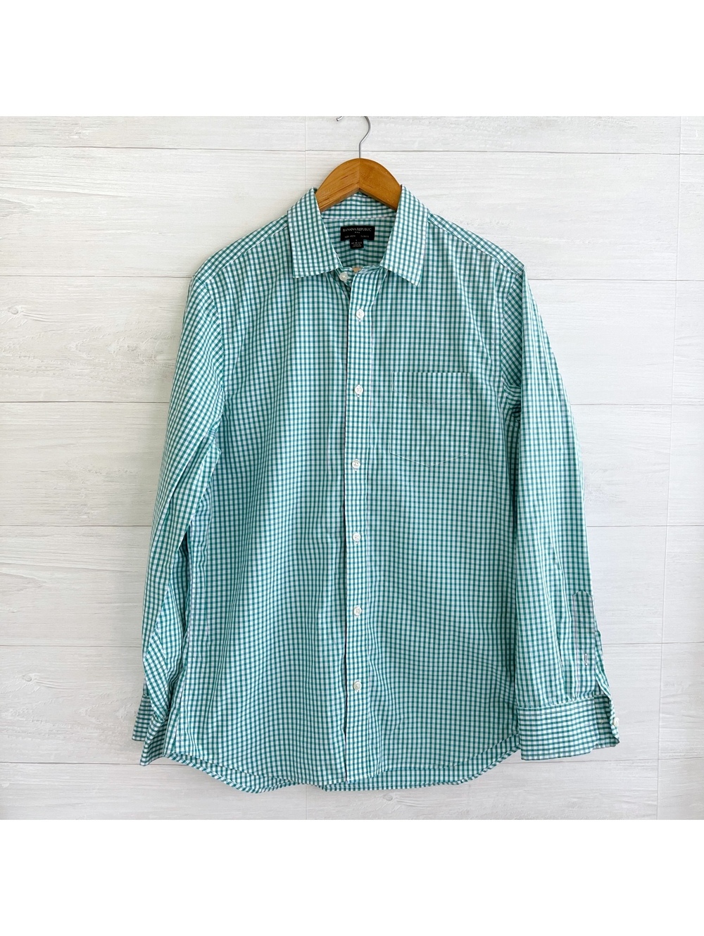 Banana Republic Mens L 16-16.5 Slim Fit Non Iron Green Gingham Dress Shirt